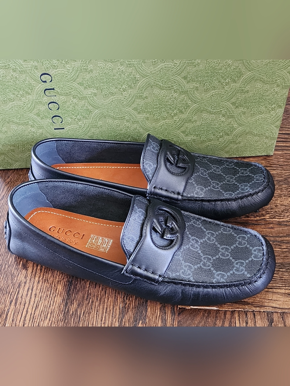 $850 Brand New Gucci GG Interlocking Driver Loafers in Black Leather G 8.5 US 9